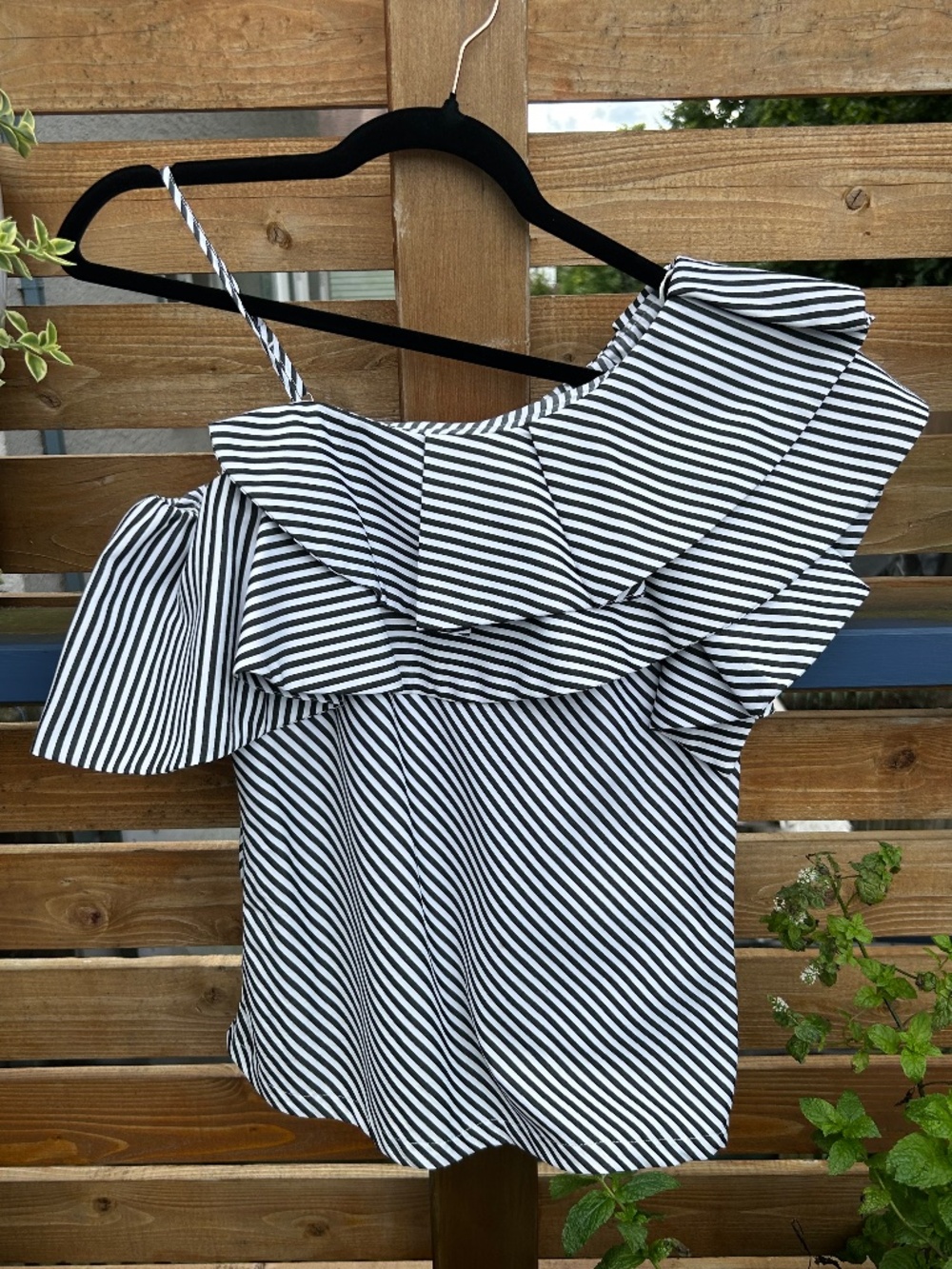INA Black & White Striped One Shoulder Ruffle Top